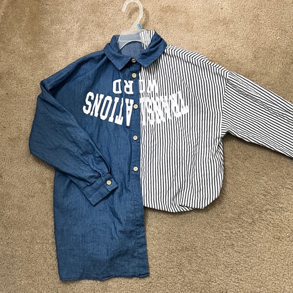 Lettered Half Solid Half Striped Button Down Shirt - Picture 3 of 3